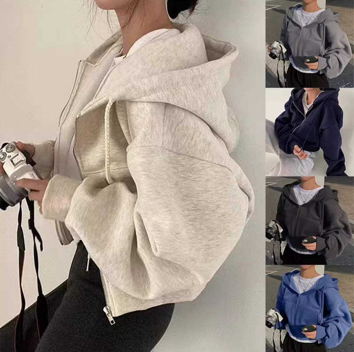 Oversized Cropped Zip-Up Hoodie