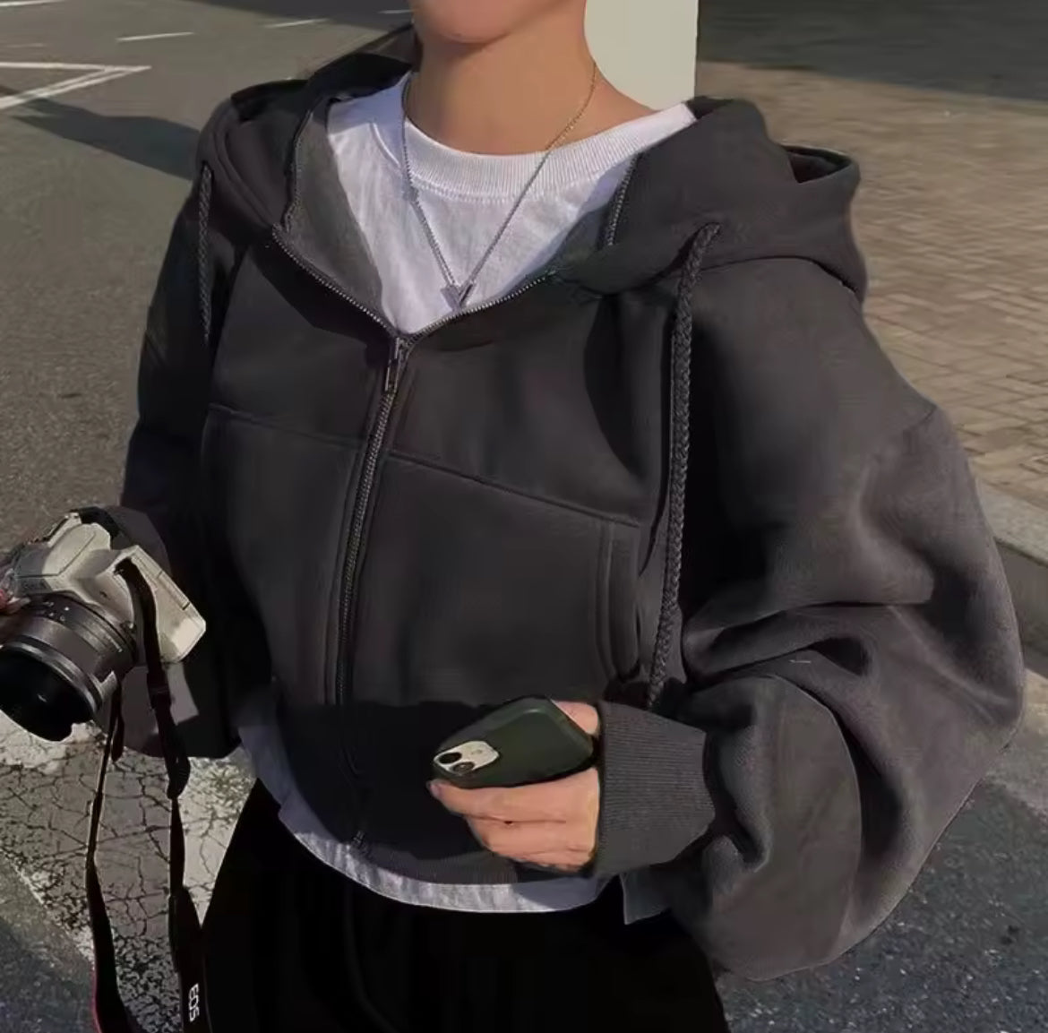 Oversized Cropped Zip-Up Hoodie